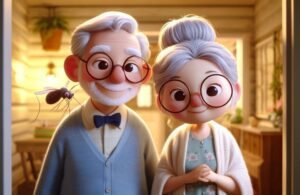 Dengue em idosos. Foto de um casal de idosos com o mosquito da dengue.