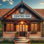 Foto do centro dia para idosos. Casa com a placa escrito centro dia com arvores ao redor.