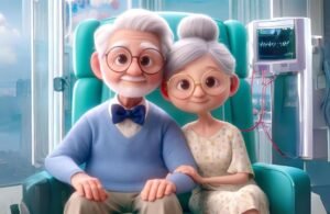 Foto de um casal de idosos no hospital fazendo hemodiálise