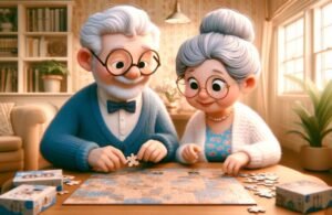 Lazer na terceira idade Lazer na terceira idade. Foto de um casal de idosos brincando de quebra-cabeça