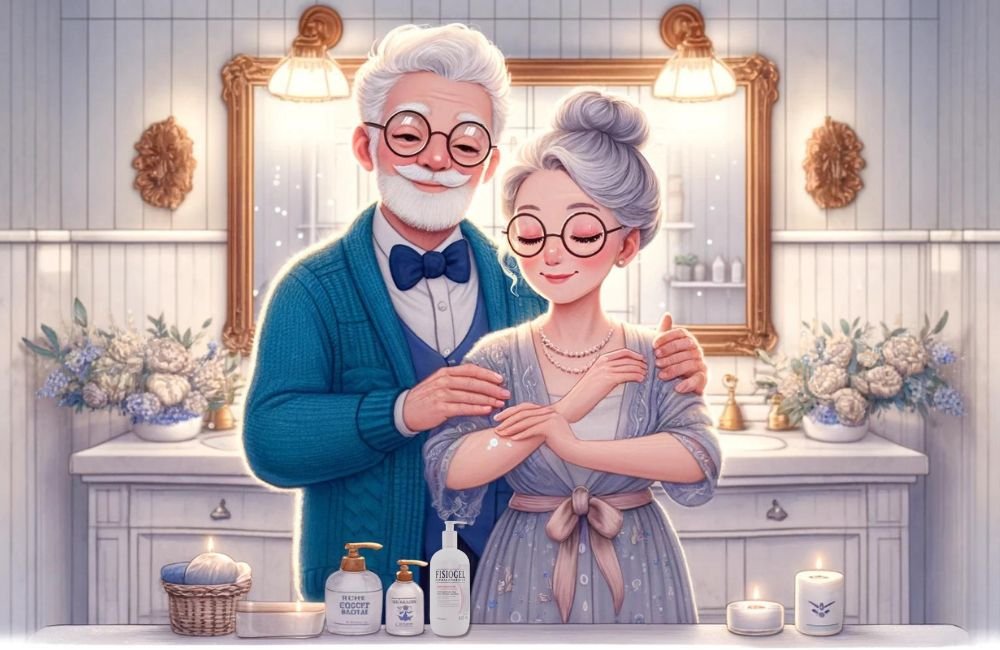 Review de Loção Hidratante Fisiogel ação calmante. Foto de um casal de idosos passando a loção hidratante fisiogel ação calmante nos braços