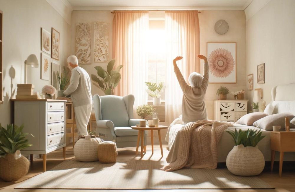 Rotina matinal dos pais idosos, foto de um casal no quarto acordando, sol na janela, senhora espreguiçando e senhor proximo à comoda.