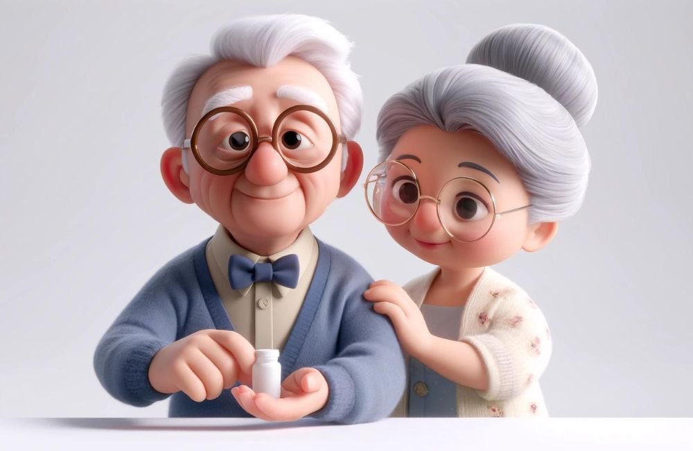 Tabela de controle de medicação. Foto de um casal de idosos, o senhor está com um pote de medicação nas mãos.