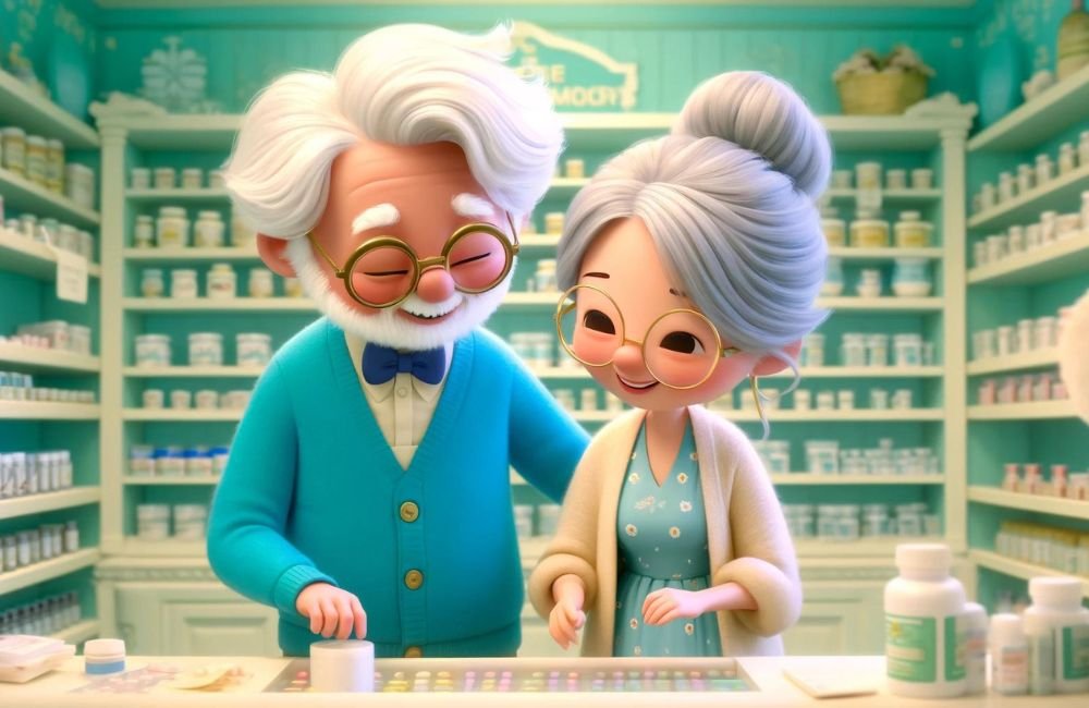 Casal de idosos comprando medicação na farmacia popular medicamentos.